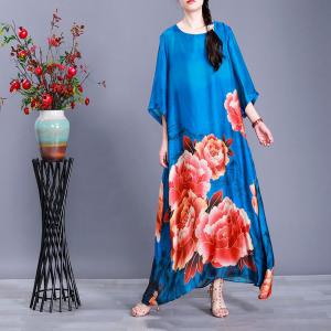 Colorful Flowers Loose Shift Dress Half Sleeve Silky Vintage Dress