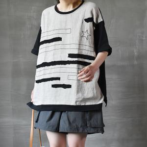 Casual Style Black Striped T-shirt Plus Size Cotton Linen Korean Tee