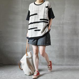 Casual Style Black Striped T-shirt Plus Size Cotton Linen Korean Tee