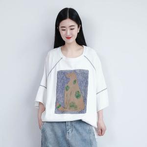Cartoon Cat Cotton T-shirt Casual Plus Size Sweatshirt for Women