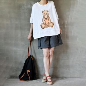 Lovely Bear Casual White Tshirt Cotton Ladies Short Sleeve Tee