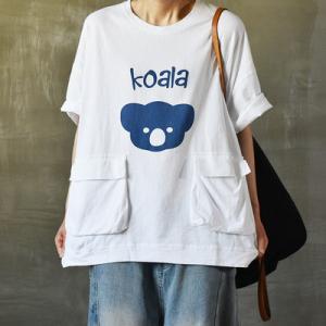 Big Flap Pockets Korean T-shirt Cute Koala Cotton Oversized Pullover