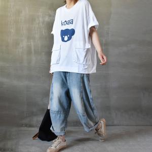 Big Flap Pockets Korean T-shirt Cute Koala Cotton Oversized Pullover