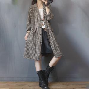 OL Style Vertical Striped Blazer Mid-Length Cotton Linen Outerwear