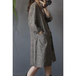 OL Style Vertical Striped Blazer Mid-Length Cotton Linen Outerwear