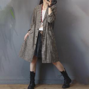 OL Style Vertical Striped Blazer Mid-Length Cotton Linen Outerwear