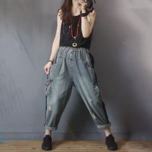 Side Flap Pocket Korean Tapered Jeans Denim Ripped Boyfriend Jeans