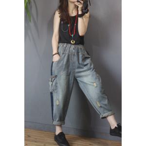 Side Flap Pocket Korean Tapered Jeans Denim Ripped Boyfriend Jeans