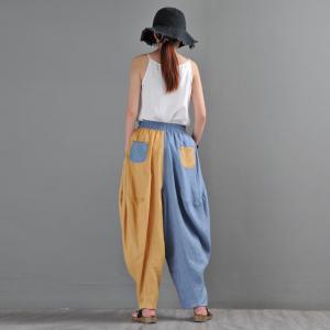Contrasting Color Linen Customized Pants Baggy Hippie Pants for Women