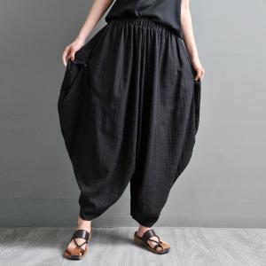 Baggy-Fit Black Harem Yoga Pants Cotton Linen Elephant Pants