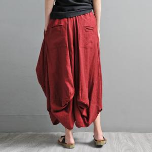 Summer Cozy Red Dhoti Pants Cotton Linen Drop Crotch Pants