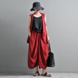 Summer Cozy Red Dhoti Pants Cotton Linen Drop Crotch Pants