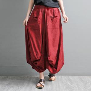 Summer Cozy Red Dhoti Pants Cotton Linen Drop Crotch Pants