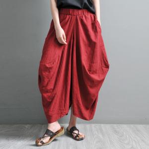 Summer Cozy Red Dhoti Pants Cotton Linen Drop Crotch Pants
