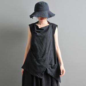 Asymmetrical Cotton Linen Black Waistcoat  Flouncing Designer Tank