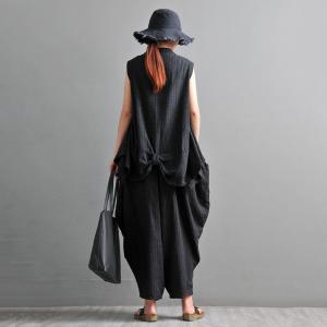 Asymmetrical Cotton Linen Black Waistcoat  Flouncing Designer Tank