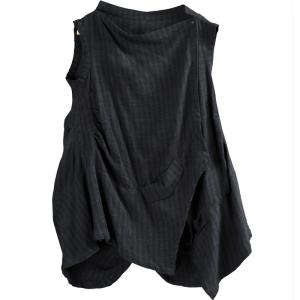 Asymmetrical Cotton Linen Black Waistcoat  Flouncing Designer Tank