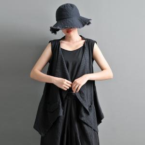 Asymmetrical Cotton Linen Black Waistcoat  Flouncing Designer Tank