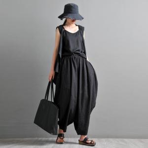 Asymmetrical Cotton Linen Black Waistcoat  Flouncing Designer Tank