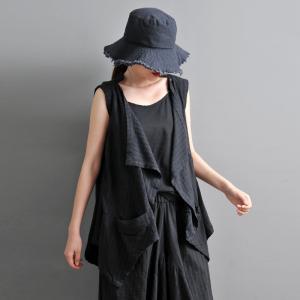 Asymmetrical Cotton Linen Black Waistcoat  Flouncing Designer Tank