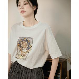 Moonlight Printed Cotton T-shirt Short Sleeve Korean Tee for Women