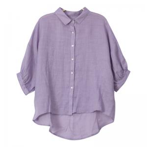 Puff Sleeve Ramie Loose Blouse Violet Dressy Shirt