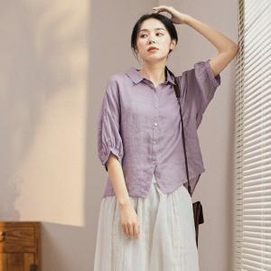 Puff Sleeve Ramie Loose Blouse Violet Dressy Shirt