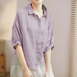 Puff Sleeve Ramie Loose Blouse Violet Dressy Shirt