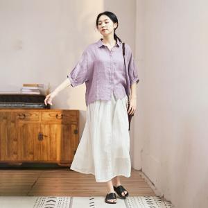 Puff Sleeve Ramie Loose Blouse Violet Dressy Shirt