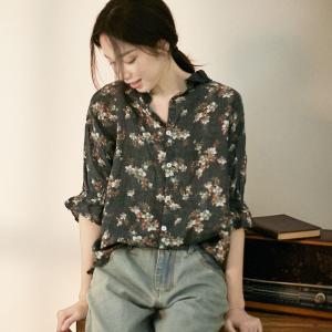 Trumpet Sleeves Floral Blouse Black Oversized Flax Clothing