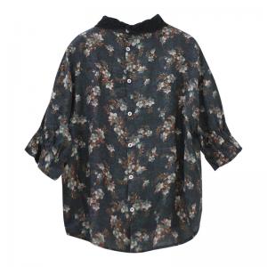 Trumpet Sleeves Floral Blouse Black Oversized Flax Clothing