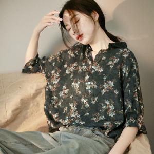 Trumpet Sleeves Floral Blouse Black Oversized Flax Clothing