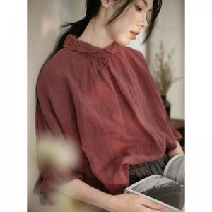 French Style Lace Collar Elegant Shirt Linen Loose Sheer Blouse