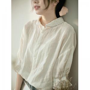 French Style Lace Collar Elegant Shirt Linen Loose Sheer Blouse