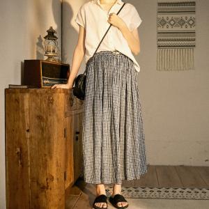Drawstring Waist Plaid A-Line Skirt Linen Maxi Skirt