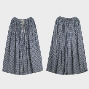 Drawstring Waist Plaid A-Line Skirt Linen Maxi Skirt