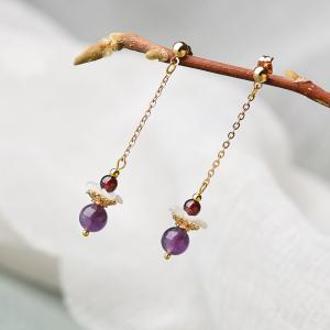 Chinese Amethyst Long Earrings Designer Purple Ethnic Earrings