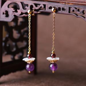 Chinese Amethyst Long Earrings Designer Purple Ethnic Earrings