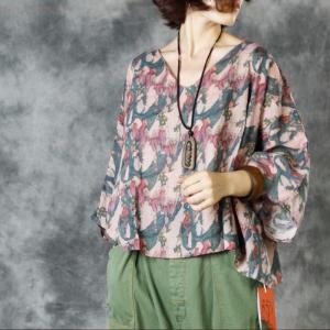 Lily Flowers Vintage Linen Shirt V-Neck Belted Bell Sleeved Blouse