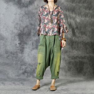 Green Gradient Ripped Dhoti Pants Fashion Cotton Hippie Pants