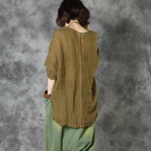 Crew Neck Pleated Flax Clothing Long Sleeve Linen Tunic for Women