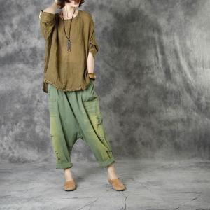 Crew Neck Pleated Flax Clothing Long Sleeve Linen Tunic for Women