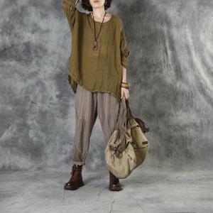 Crew Neck Pleated Flax Clothing Long Sleeve Linen Tunic for Women