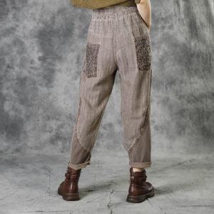 Cotton Linen Tapered Pants Crochet Lace Pockets Comfy Trousers