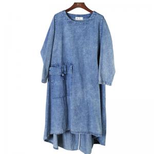 Frog Buttons Blue Tunic Dress Asymmetrical Vintage Denim Dress