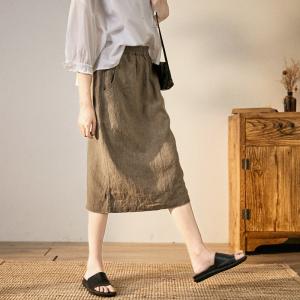 Casual Style Linen Pencil Skirt Elastic Waist Khaki Skirt