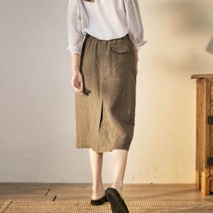 Casual Style Linen Pencil Skirt Elastic Waist Khaki Skirt