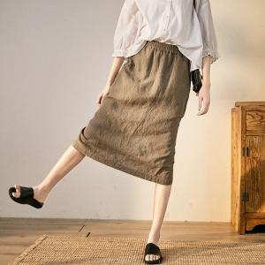 Casual Style Linen Pencil Skirt Elastic Waist Khaki Skirt