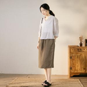 Casual Style Linen Pencil Skirt Elastic Waist Khaki Skirt