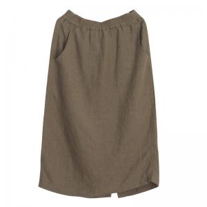 Casual Style Linen Pencil Skirt Elastic Waist Khaki Skirt